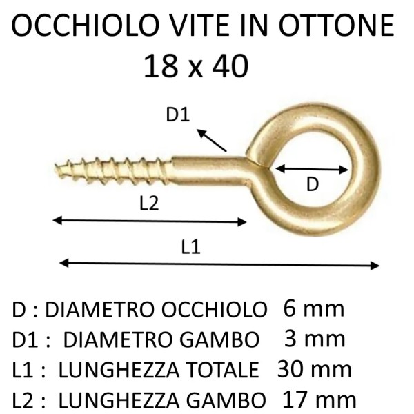 OCCHIOLO VITE IN OTTONE 18X40 ( DIAM.OCCHIO 6 MM )