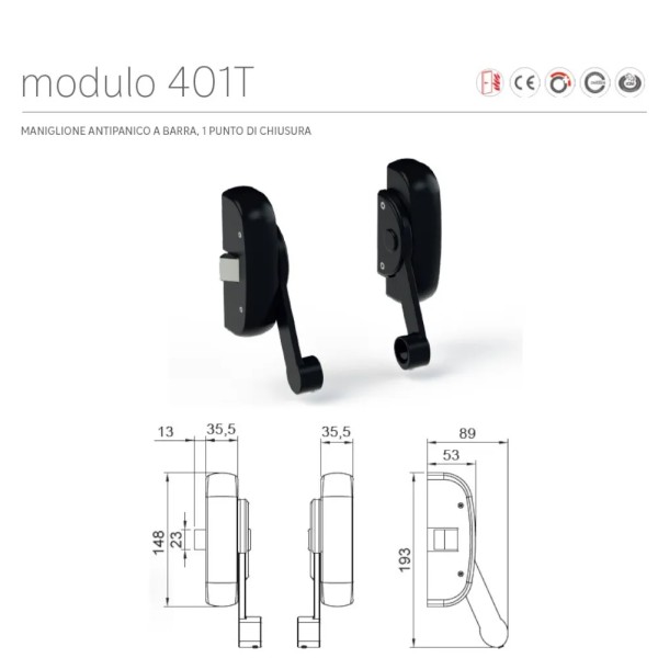 COMANDO MANIGLIONE ANTIPANIC MODELLO "MODULO" 401T CHIUSURA LATERALE FINITURA NERO RAL 9005