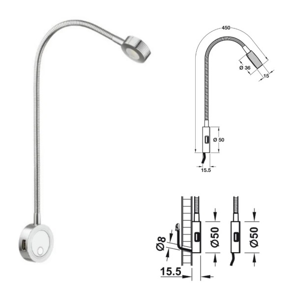 LAMPADA DA APPLICARE PER LETTO/LETTURA  HAFELE LOOX 2034 CROMATA 12V CON MT.2 CAVO 833.74.096