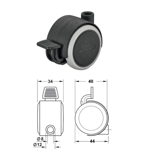 BIRUOTA HAFELE 611.74.601 D.40 FRENATA PORTATA 35 KG SENZA PERNO O PIASTRA DI FISSAGGIO